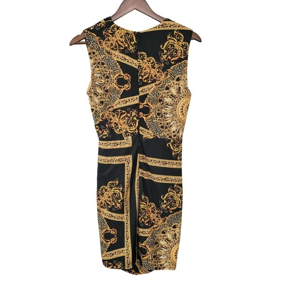 Banjul Sleeveless Baroque Print Ruched Dress Womens Size L Black Gold Party - Picture 2 of 8
